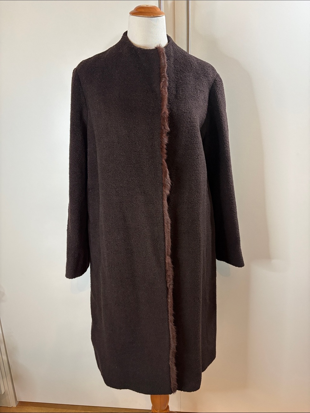 Philippe Adec Paris Wool Dark Brown Hidden Button Coat with Fur-Trim Front 10